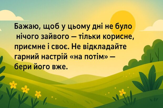 Бажаю, щоб у цьому дні не було нічого зайвого — тільки корисне, приємне і своє. Не відкладай гарний настрій "на потім" — бери його вже. 