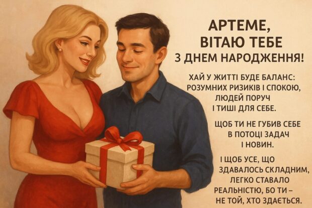 Артеме, вітаю тебе з днем народження! Хай у житті буде баланс: розумних ризиків і спокою, людей поруч і тиші для себе. Щоб ти не губив себе в потоці задач і новин. І щоб усе, що здавалось складним, легко ставало реальністю, бо ти — не той, хто здається.