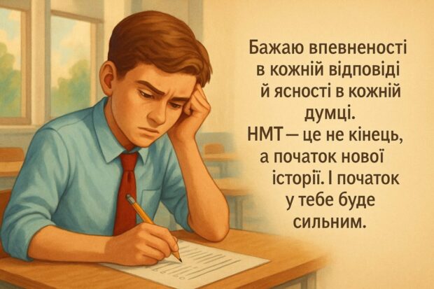Бажаю впевненості в кожній відповіді і ясності в кожній думці. НМТ — це не кінець, а початок нової історії. І початок у тебе буде сильним. 