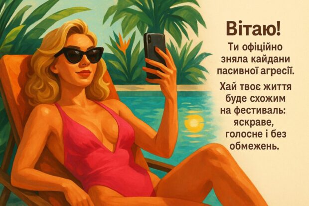 Вітаю, богиня свободи! Ти офіційно зняла кайдани пасивної агресії. Тепер можна бути сильною і веселою без перманентного аналізу чийогось настрою. Хай твоє життя буде схожим на фестиваль: яскраве, голосне і без обмежень. І пам’ятай — ти не сама, ти з собою.