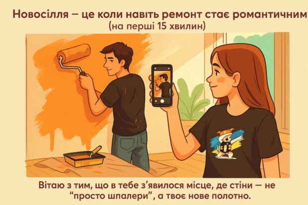 Новосілля — це коли навіть ремонт стає романтичним (на перші 15 хвилин). Вітаю з тим, що в тебе з’явилося місце, де стіни — не “просто шпалери”, а твоє нове полотно. 