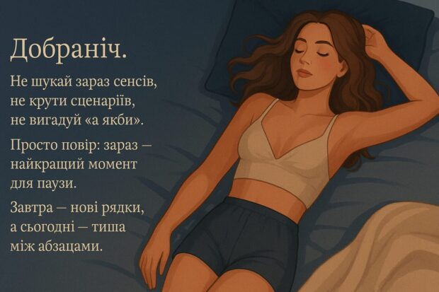 Добраніч. Не шукай зараз сенсів, не крути сценарії, не вигадуй «а якби». Просто повір: зараз — найкращий момент для паузи. Завтра нові рядки, а сьогодні — тиша між абзацами.