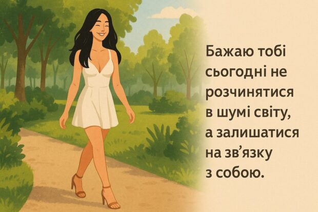 Бажаю тобі сьогодні не розчинятися в шумі світу, а залишатися на зв’язку з собою. 