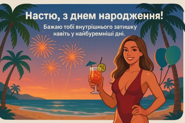 Настю, з днем народження! Бажаю тобі внутрішнього затишку навіть у найбуремніші дні. 