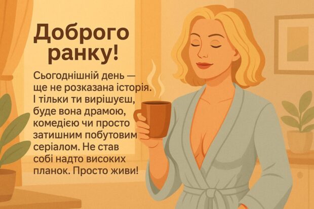 Доброго ранку! Сьогоднішній день — ще не розказана історія. І тільки ти вирішуєш, буде вона драмою, комедією чи просто затишним побутовим серіалом. Не став собі надто високих планок. Просто живи!