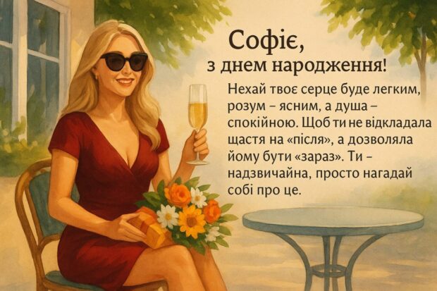 Софіє, з днем народження! Нехай твоє серце буде легким, розум — ясним, а душа — спокійною. Щоб ти не відкладала щастя на «після», а дозволяла йому бути «зараз». Ти — надзвичайна, просто нагадай собі про це.