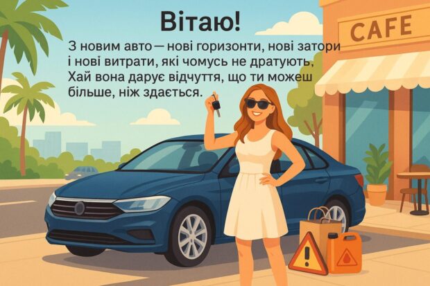 Вітаю! З новим авто — нові горизонти, нові затори і нові витрати, які чомусь не дратують. Хай вона дарує відчуття, що ти можеш більше, ніж здається. 