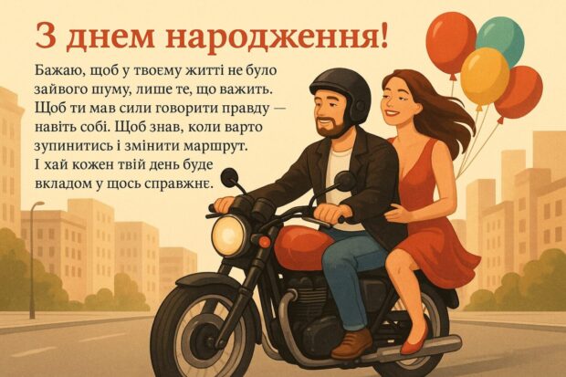 З днем народження! Бажаю, щоб у твоєму житті не було зайвого шуму, лише те, що важить. Щоб ти мав сили говорити правду — навіть собі. Щоб знав, коли варто зупинитись і змінити маршрут. І хай кожен твій день буде вкладом у щось справжнє.
