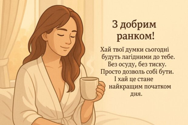З добрим ранком! Хай твої думки сьогодні будуть лагідними до тебе. Без осуду, без тиску. Просто дозволь собі бути. І хай це стане найкращим початком дня.