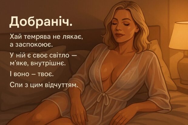 Добраніч. Хай темрява не лякає, а заспокоює. У ній є своє світло — м’яке, внутрішнє. І воно — твоє. Спи з цим відчуттям.