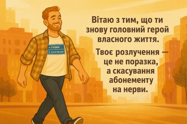 Ось і настав день, коли ти більше не обговорюєш “де і як ти сидів на дивані”. Вітаю з тим, що ти знову головний герой власного життя. Нехай попереду буде більше вдячних жінок, менше докорів і повна відсутність пасивної агресії. Твоє розлучення — це не поразка, а скасування абонементу на нерви. Живи спокійно — ти це заслужив.