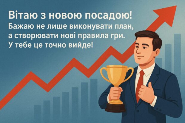 Вітаю з новою посадою! Це не випадковість — це результат твого шляху. Хай нова позиція дає тобі більше простору для реалізації ідей, і ще більше поваги від людей. Бажаю не лише виконувати план, а створювати нові правила гри. У тебе це точно вийде!