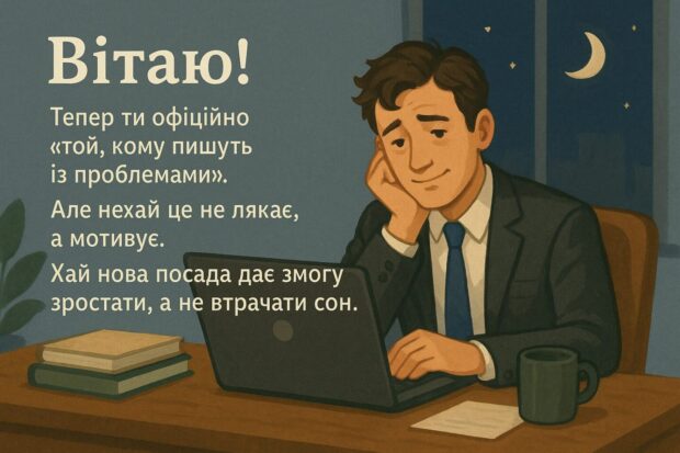 Вітаю! Тепер ти офіційно “той, кому пишуть з проблемами”. Але нехай це не лякає, а мотивує. Хай нова посада дає змогу зростати, а не втрачати сон.