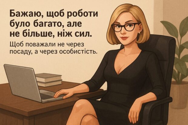 Вітаю! З новою посадою приходять нові можливості — і нові кави без перерв. Бажаю, щоб роботи було багато, але не більше, ніж сил. Щоб поважали не через посаду, а через особистість.