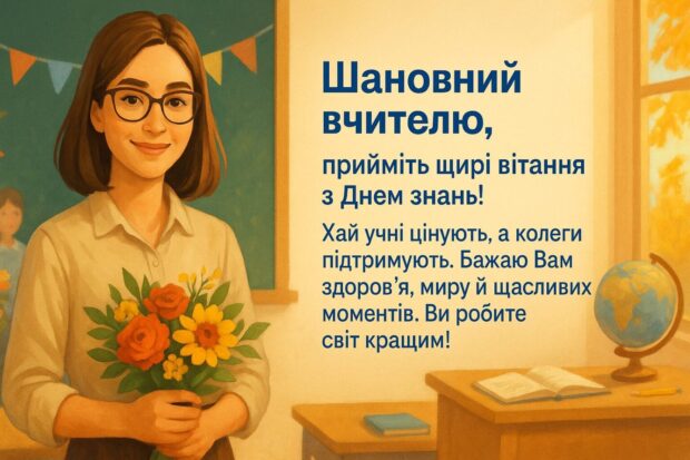 Шановний вчителю, прийміть щирі вітання з Днем знань! Бажаю, щоб Ваша робота завжди мала сенс і приносила моральне задоволення. Хай учні цінують, а колеги підтримують. Бажаю Вам здоров’я, миру й щасливих моментів. Ви робите світ кращим!
