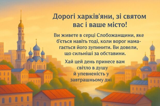 Дорогі харків’яни, зі святом вас і ваше місто! Ви живете в серці Слобожанщини, яке б’ється навіть тоді, коли ворог намагається його зупинити. Ви довели, що сильніші за обставини. Хай цей день принесе вам світло в душу й упевненість у завтрашньому дні. 