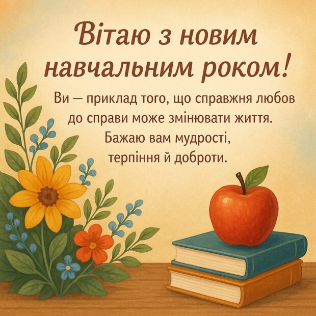 Вітаю з новим навчальним роком! Ви — приклад того, що справжня любов до справи може змінювати життя. Бажаю вам мудрості, терпіння й доброти. Хай у вашому класі завжди буде повага й взаєморозуміння. І нехай ваша праця робить вас щасливими.