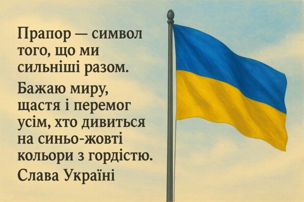 Прапор — символ того, що ми сильніші разом. Бажаю миру, щастя і перемог усім, хто дивиться на синьо-жовті кольори з гордістю. Слава Україні!