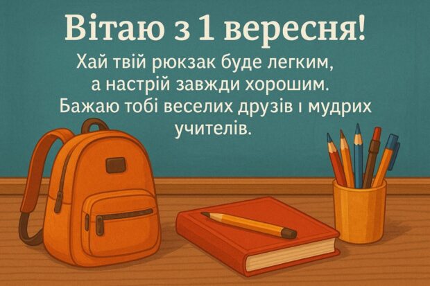 Вітаю з 1 вересня! Хай твій рюкзак буде легким, а настрій завжди хорошим. Бажаю тобі веселих друзів і мудрих учителів. Хай знання допомагають тобі будувати майбутнє. І щоб навчання приносило задоволення.