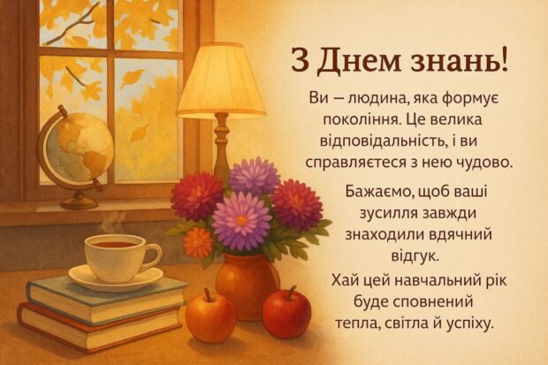 З Днем знань! Ви — людина, яка формує покоління. Це велика відповідальність, і ви справляєтеся з нею чудово. Бажаємо, щоб ваші зусилля завжди знаходили вдячний відгук. Хай цей навчальний рік буде сповнений тепла, світла й успіху.