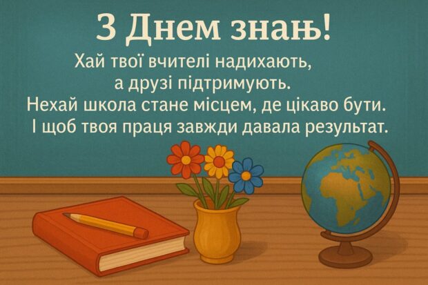 З Днем знань! Бажаю, щоб навіть найскладніші теми ставали для тебе простішими. Хай твої вчителі надихають, а друзі підтримують. Нехай школа стане місцем, де цікаво бути. І щоб твоя праця завжди давала результат.