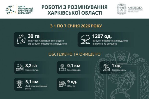 На Харківщині за тиждень виявили та знищили понад 1200 вибухонебезпечних предметів
