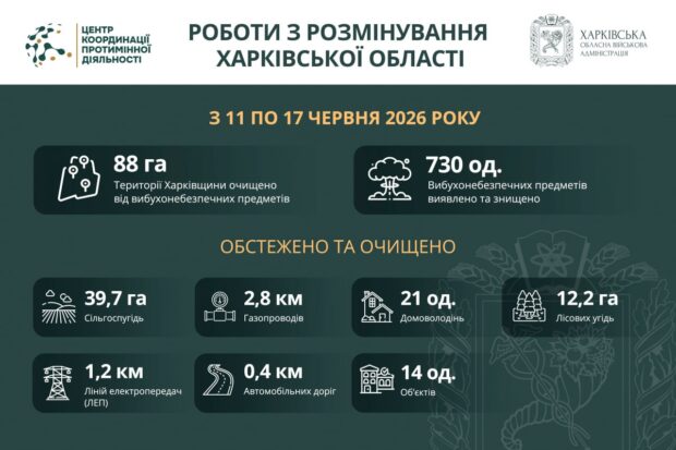 На Харківщині за тиждень виявили та знищили понад 700 вибухонебезпечних предметів