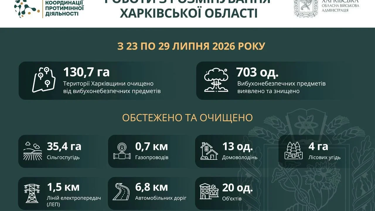 Розмінування Харківщини: за тиждень сапери очистили понад 131 гектар території та знешкодили 703 боєприпаси