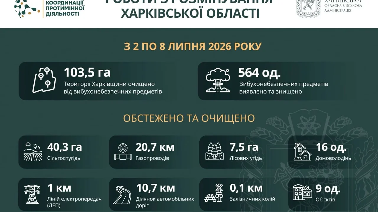 На Харківщині за тиждень виявили та знищили понад 500 вибухонебезпечних предметів