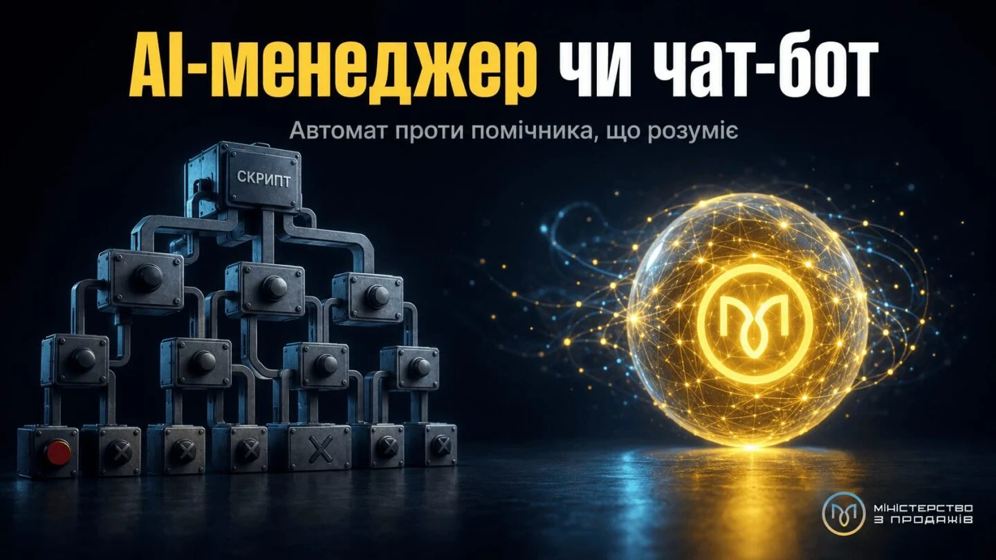 Реалістичний контраст жорсткого чат-бота і розумного AI-помічника, з написом «AI-менеджер чи чат-бот» та підписом «Автомат проти помічника, що розуміє»