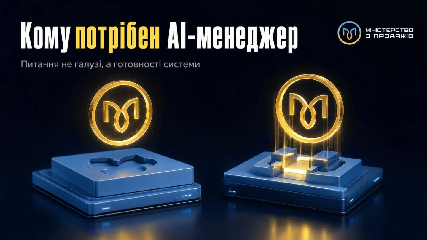 Реалістичний AI-компонент, що вбудовується в готову систему і не тримається на порожній основі, з написом «Кому потрібен AI-менеджер» та підписом «Питання не галузі, а готовності системи»