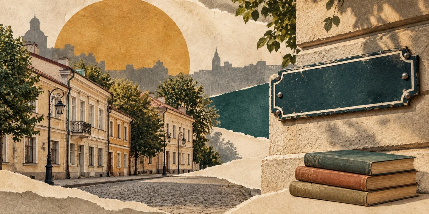 Історична вулиця, порожня табличка й книги